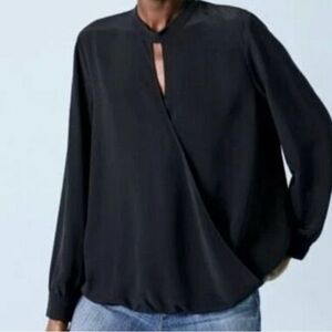 Eileen Fisher 100% silk wrap keyhole neckline Black Blouse medium